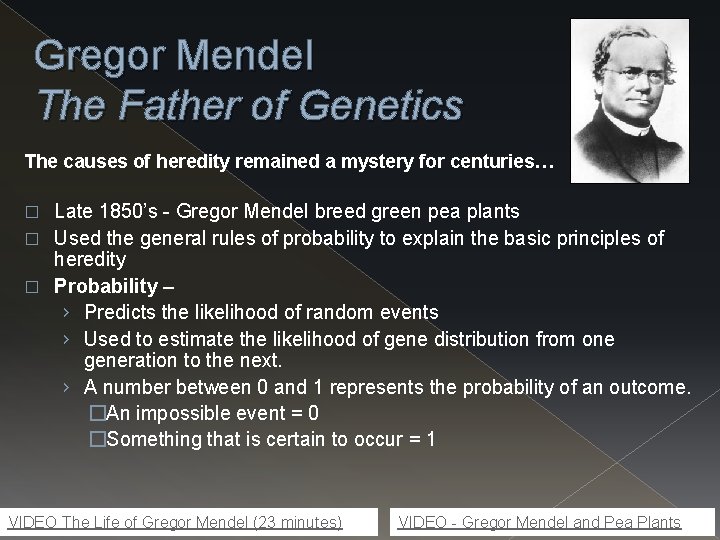 Gregor Mendel The Father of Genetics The causes of heredity remained a mystery for