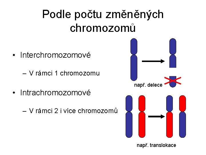 Podle počtu změněných chromozomů • Interchromozomové – V rámci 1 chromozomu např. delece •