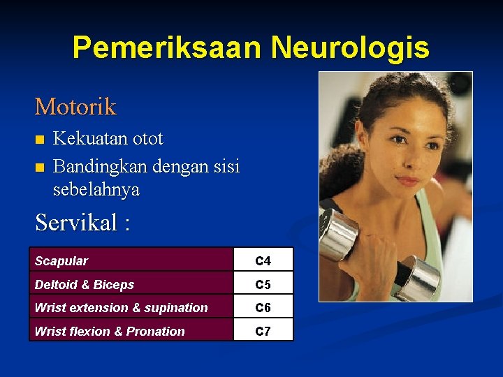 Pemeriksaan Neurologis Motorik n n Kekuatan otot Bandingkan dengan sisi sebelahnya Servikal : Scapular