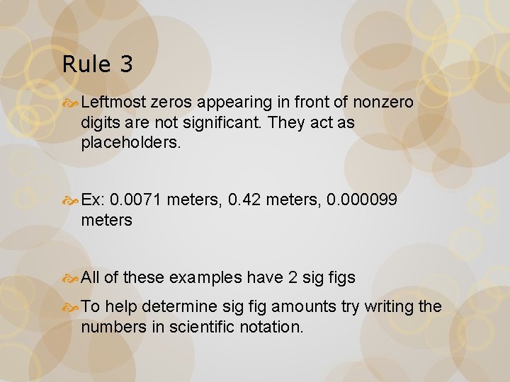 Rule 3 Leftmost zeros appearing in front of nonzero digits are not significant. They