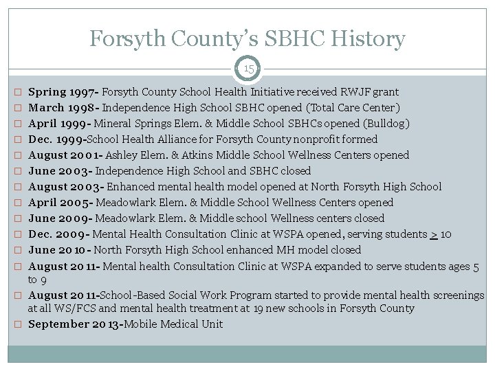 Forsyth County’s SBHC History 15 � Spring 1997 - Forsyth County School Health Initiative