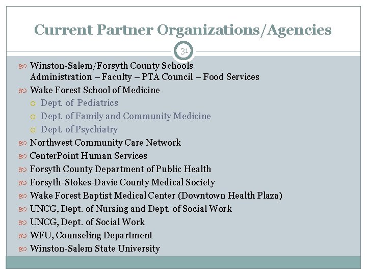 Current Partner Organizations/Agencies 31 Winston-Salem/Forsyth County Schools Administration – Faculty – PTA Council –
