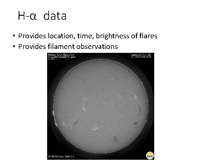 H-α data • Provides location, time, brightness of flares • Provides filament observations 