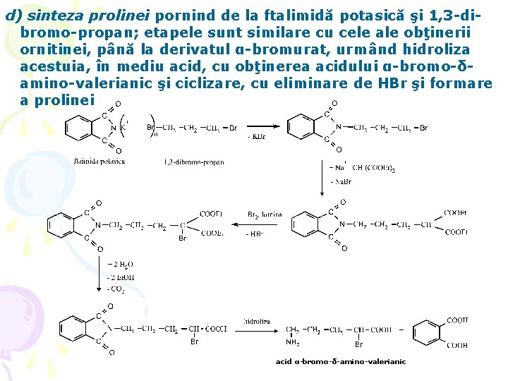 d) sinteza prolinei pornind de la ftalimidă potasică şi 1, 3 -dibromo-propan; etapele sunt