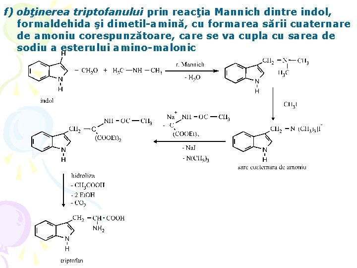 f) obţinerea triptofanului prin reacţia Mannich dintre indol, formaldehida şi dimetil-amină, cu formarea sării