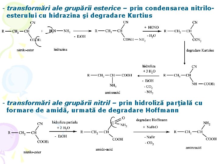 - transformări ale grupării esterice – prin condensarea nitriloesterului cu hidrazina şi degradare Kurtius