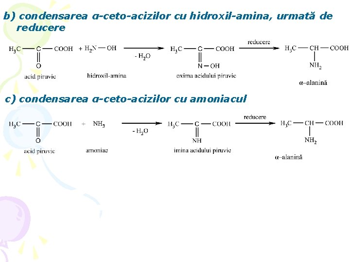 b) condensarea α-ceto-acizilor cu hidroxil-amina, urmată de reducere c) condensarea α-ceto-acizilor cu amoniacul 