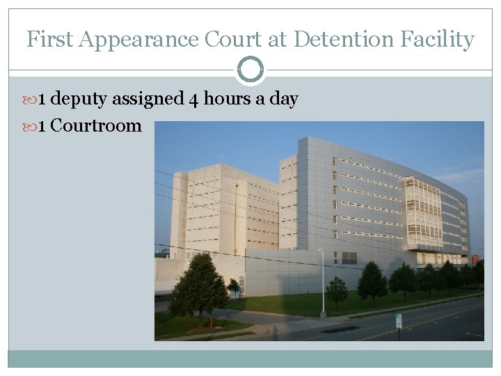 First Appearance Court at Detention Facility 1 deputy assigned 4 hours a day 1 First Appearance Court at Detention Facility 1 deputy assigned 4 hours a day 1