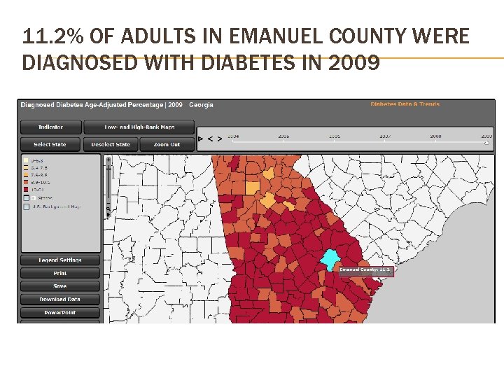11. 2% OF ADULTS IN EMANUEL COUNTY WERE DIAGNOSED WITH DIABETES IN 2009 