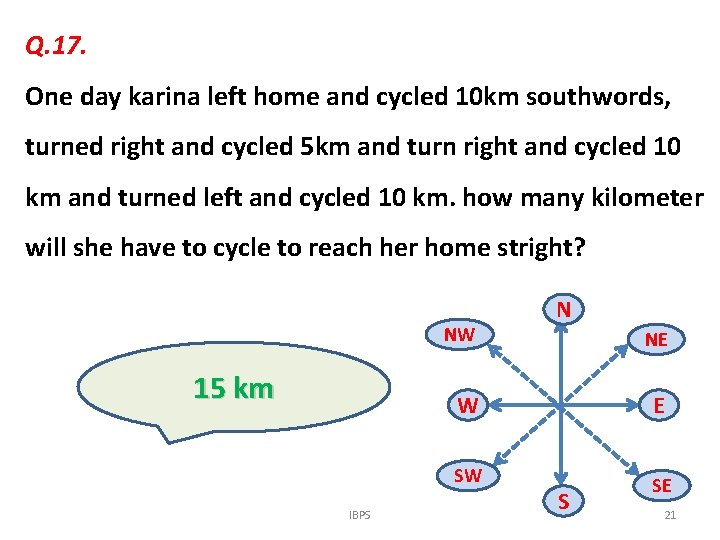 Q. 17. One day karina left home and cycled 10 km southwords, turned right