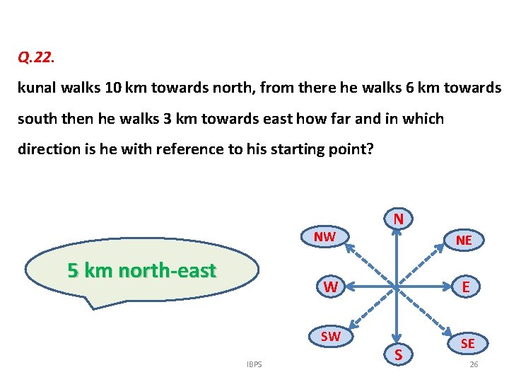 Q. 22. kunal walks 10 km towards north, from there he walks 6 km