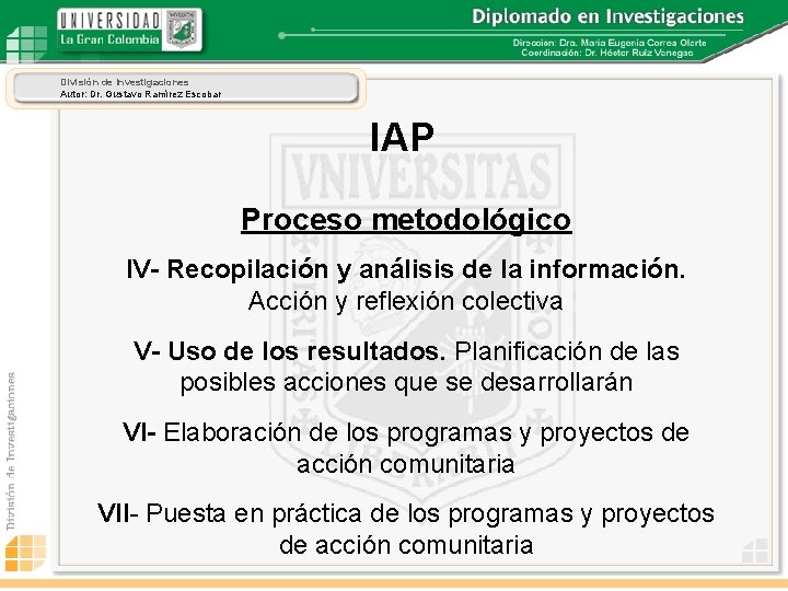 División de Investigaciones Autor: Dr. Gustavo Ramírez Escobar IAP Proceso metodológico IV- Recopilación y