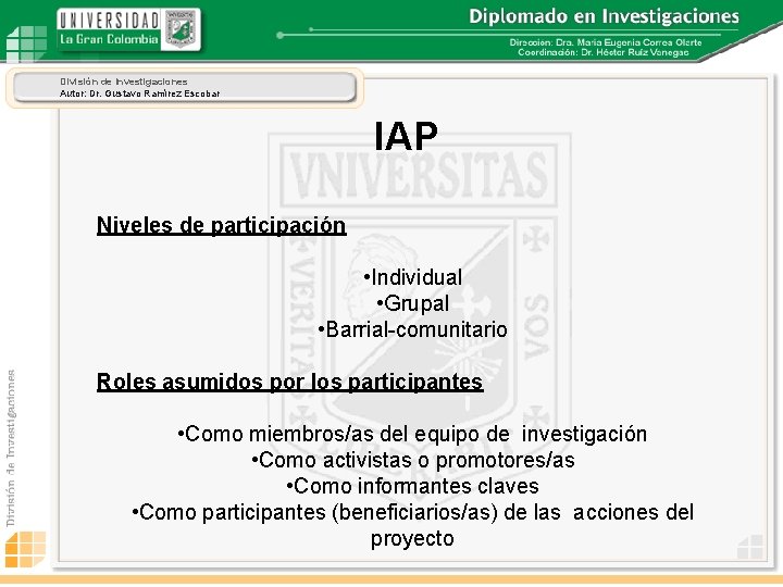 División de Investigaciones Autor: Dr. Gustavo Ramírez Escobar IAP Niveles de participación • Individual