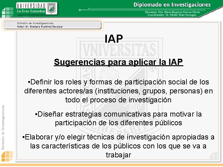 División de Investigaciones Autor: Dr. Gustavo Ramírez Escobar IAP Sugerencias para aplicar la IAP
