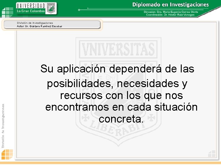 División de Investigaciones Autor: Dr. Gustavo Ramírez Escobar Su aplicación dependerá de las posibilidades,