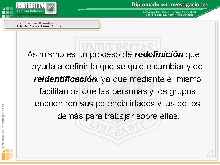 División de Investigaciones Autor: Dr. Gustavo Ramírez Escobar Asimismo es un proceso de redefinición