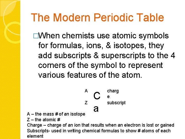 The Modern Periodic Table �When chemists use atomic symbols formulas, ions, & isotopes, they