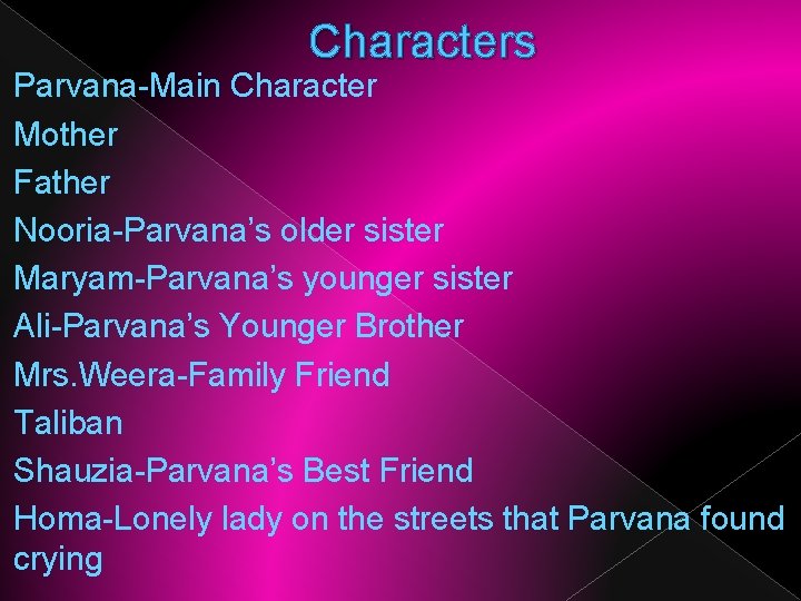 Characters Parvana-Main Character Mother Father Nooria-Parvana’s older sister Maryam-Parvana’s younger sister Ali-Parvana’s Younger Brother