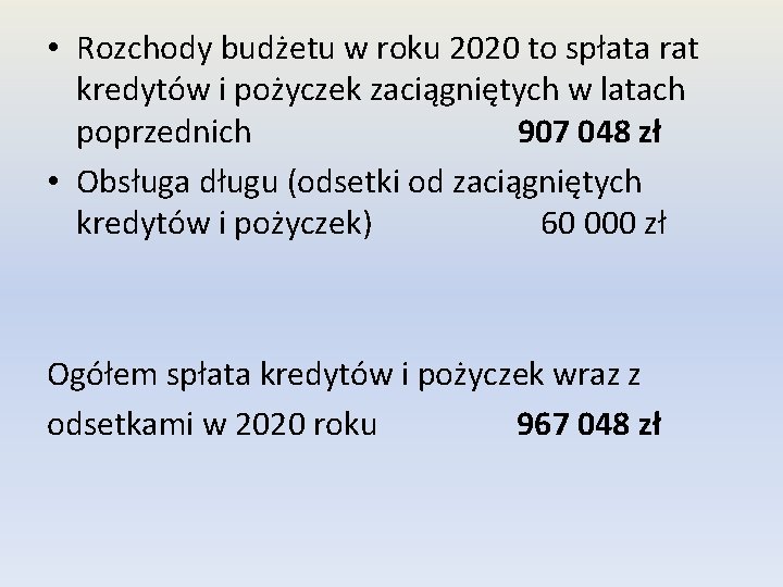  • Rozchody budżetu w roku 2020 to spłata rat kredytów i pożyczek zaciągniętych