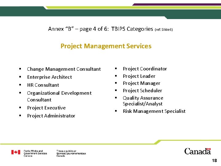 Annex “B” – page 4 of 6: TBIPS Categories (ref: Slide 6) Project Management