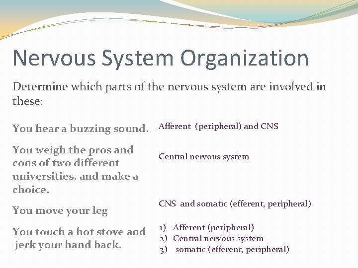 Nervous System Organization Determine which parts of the nervous system are involved in these: Nervous System Organization Determine which parts of the nervous system are involved in these:
