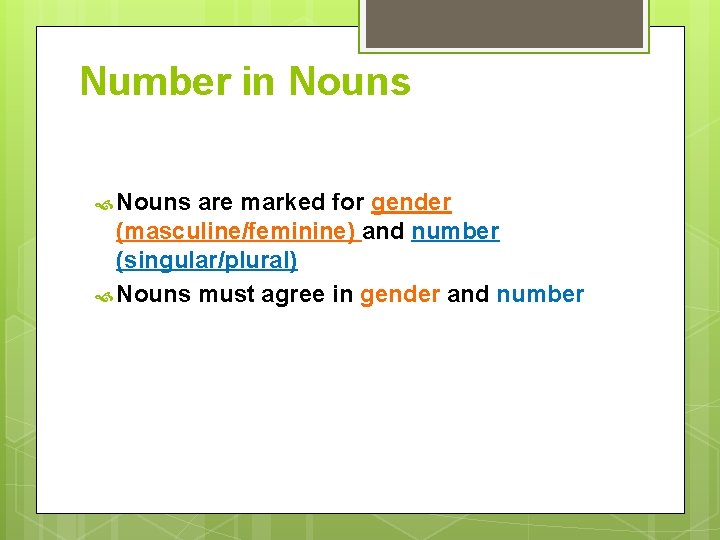 Number in Nouns are marked for gender (masculine/feminine) and number (singular/plural) Nouns must agree