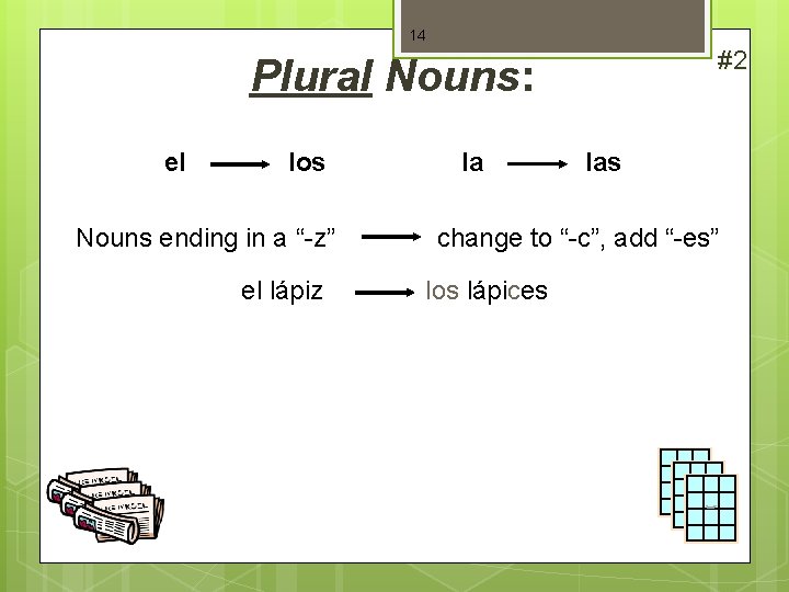 14 #2 Plural Nouns: el los Nouns ending in a “-z” el lápiz la