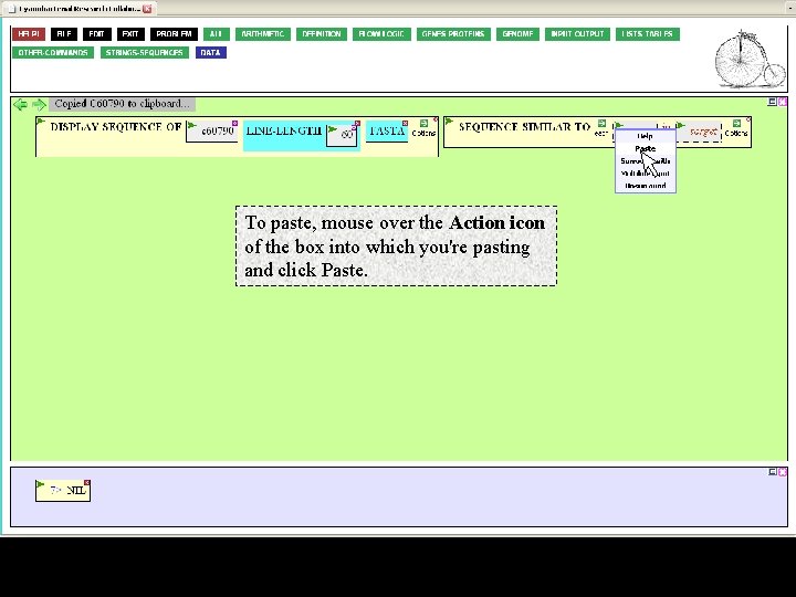 To paste, mouse over the Action icon of the box into which you're pasting