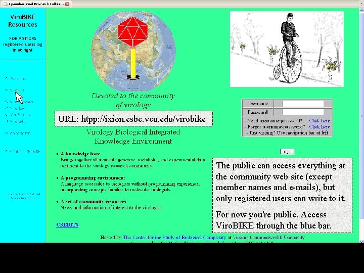 URL: htpp: //ixion. csbc. vcu. edu/virobike The public can access everything at the community