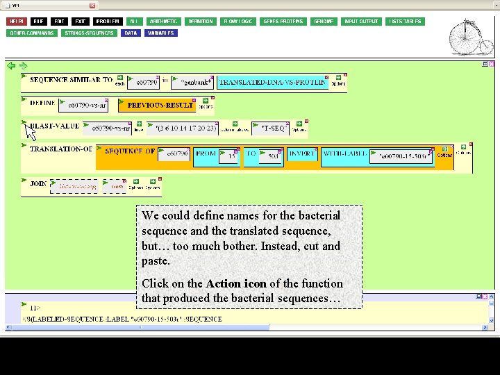 We could define names for the bacterial sequence and the translated sequence, but… too