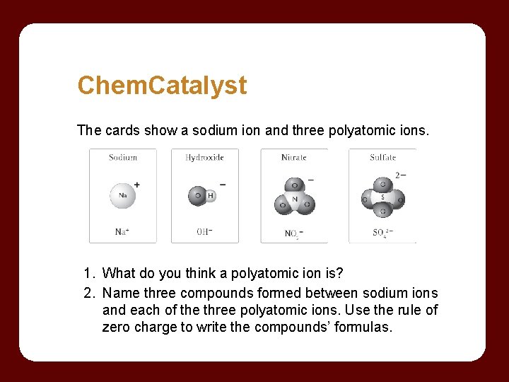 Chem. Catalyst The cards show a sodium ion and three polyatomic ions. 1. What