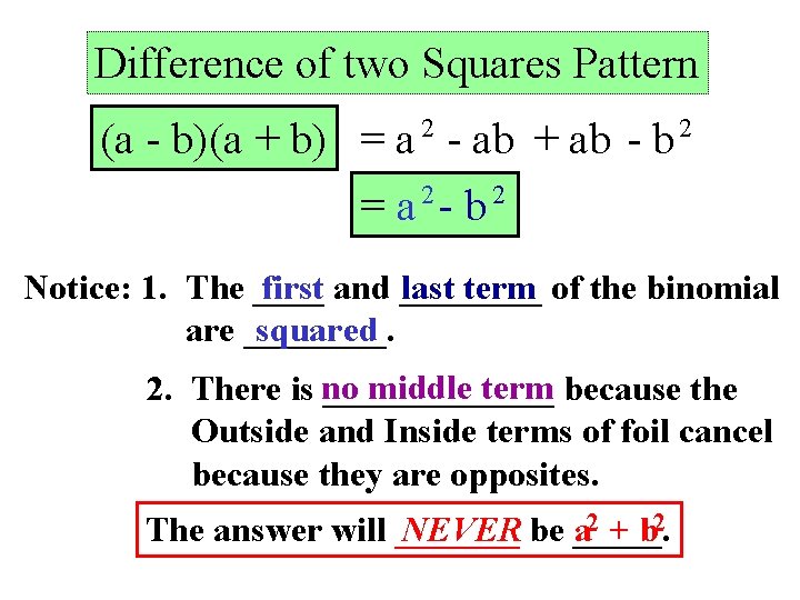 Difference of two Squares Pattern 2 (a - b)(a + b) = a -