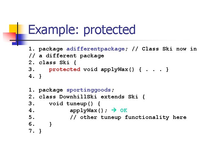 Example: protected 1. // 2. 3. 4. package adifferentpackage; // Class Ski now in