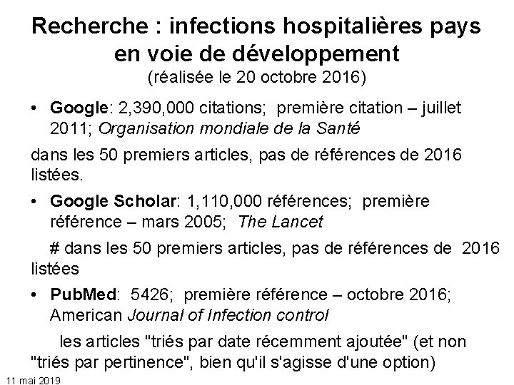 Recherche : infections hospitalières pays en voie de développement (réalisée le 20 octobre 2016)