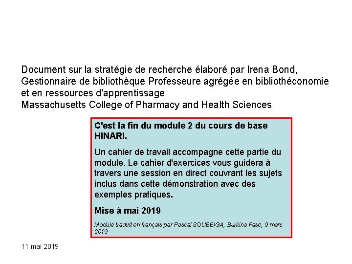Document sur la stratégie de recherche élaboré par Irena Bond, Gestionnaire de bibliothèque Professeure