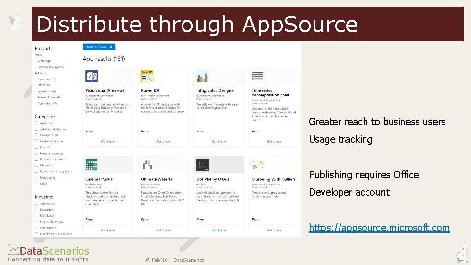Distribute through App. Source Greater reach to business users Usage tracking Publishing requires Office Distribute through App. Source Greater reach to business users Usage tracking Publishing requires Office