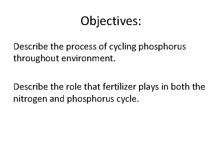 Objectives: Describe the process of cycling phosphorus throughout environment. Describe the role that fertilizer