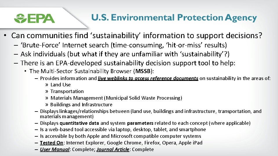  • Can communities find ‘sustainability’ information to support decisions? – ‘Brute-Force’ Internet search