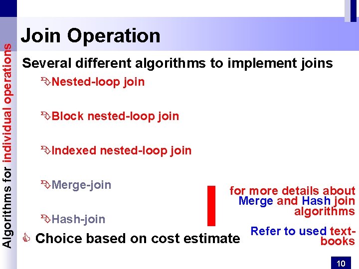 Algorithms for individual operations Join Operation Several different algorithms to implement joins ÊNested-loop join Algorithms for individual operations Join Operation Several different algorithms to implement joins ÊNested-loop join
