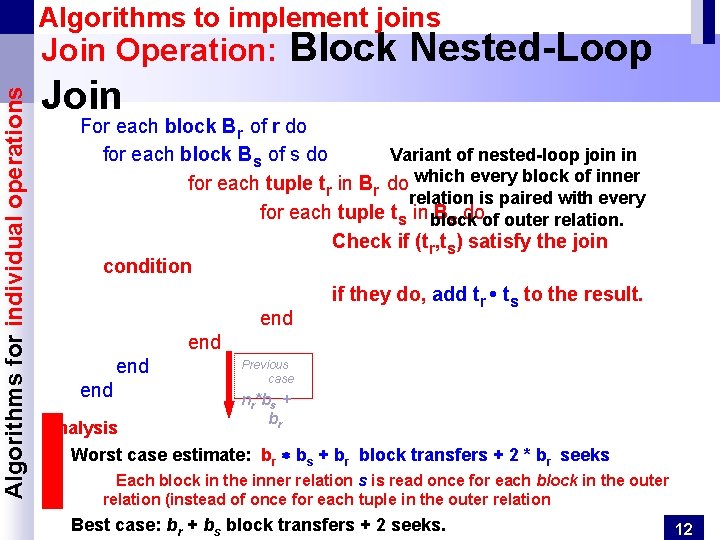 Algorithms for individual operations Algorithms to implement joins Join Operation: Block Nested-Loop Join For