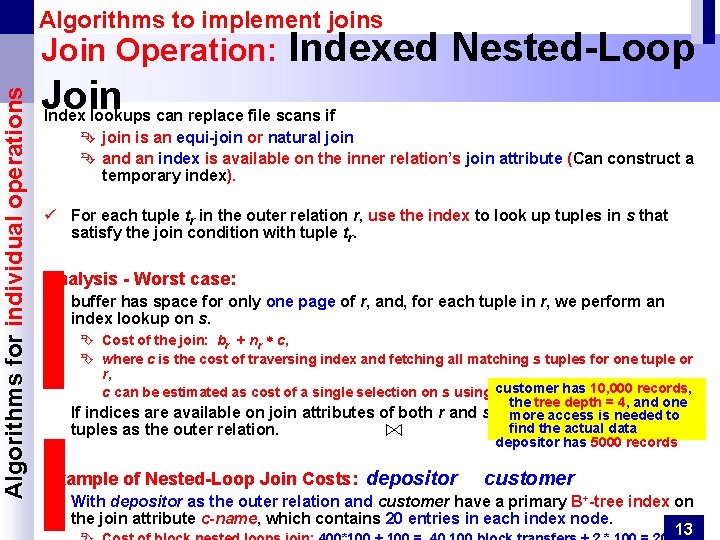 Algorithms for individual operations Algorithms to implement joins Join Operation: Indexed Nested-Loop Join Index