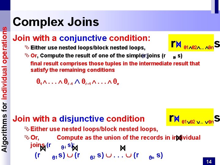 Algorithms for individual operations Complex Joins Join with a conjunctive condition: r 1 2.