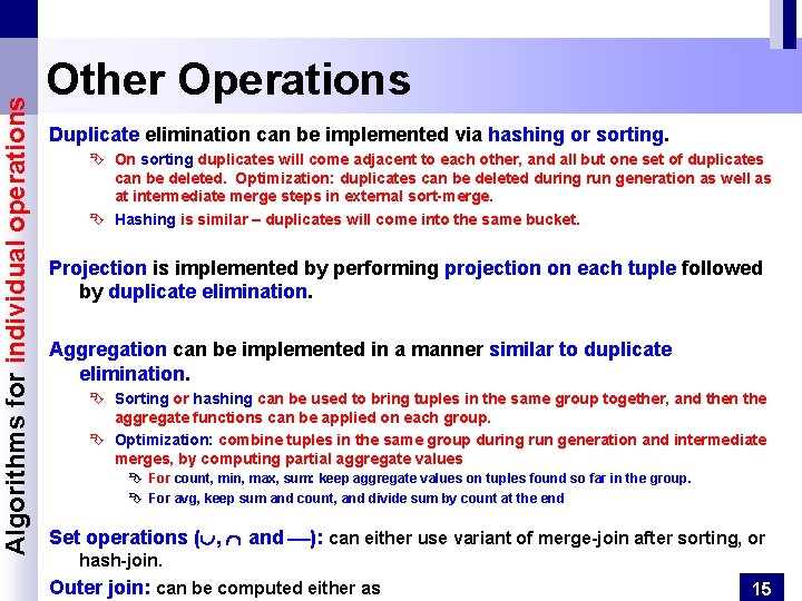 Algorithms for individual operations Other Operations Duplicate elimination can be implemented via hashing or