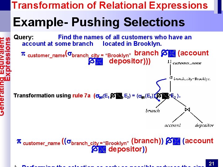 Generating Equivalent Expressions Transformation of Relational Expressions Example- Pushing Selections Query: Find the names Generating Equivalent Expressions Transformation of Relational Expressions Example- Pushing Selections Query: Find the names