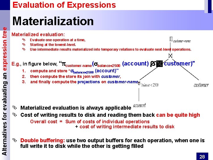 Alternatives for evaluating an expression tree Evaluation of Expressions Materialization Materialized evaluation: Ê Ê Alternatives for evaluating an expression tree Evaluation of Expressions Materialization Materialized evaluation: Ê Ê