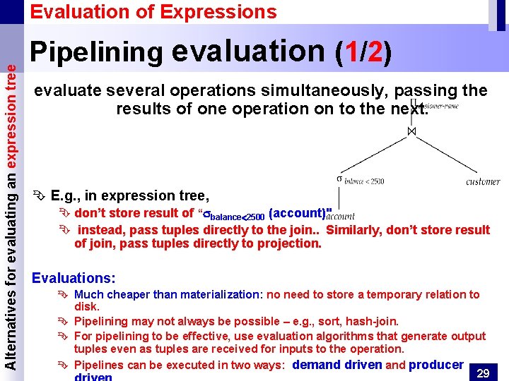 Alternatives for evaluating an expression tree Evaluation of Expressions Pipelining evaluation (1/2) evaluate several