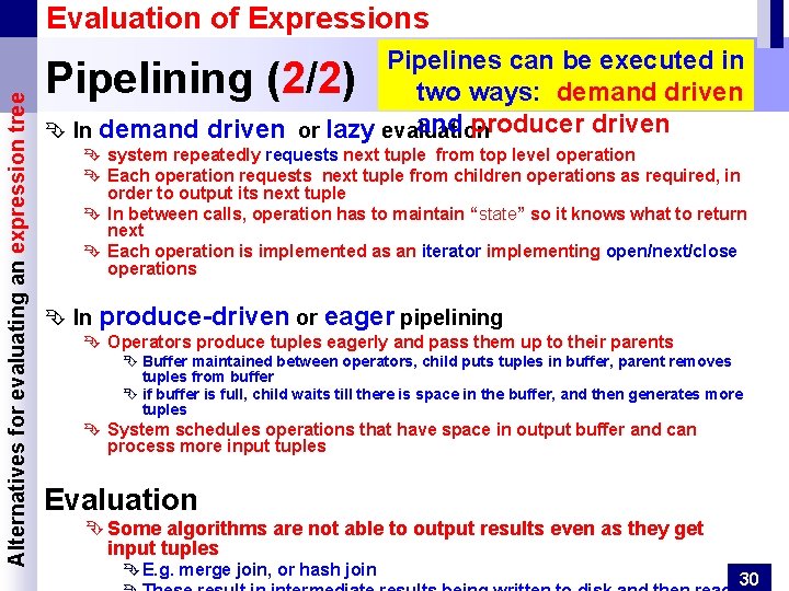 Alternatives for evaluating an expression tree Evaluation of Expressions Pipelines can be executed in