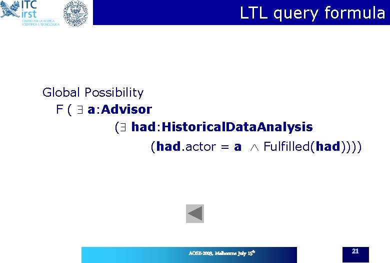 LTL query formula Global Possibility F ( a: Advisor ( had: Historical. Data. Analysis