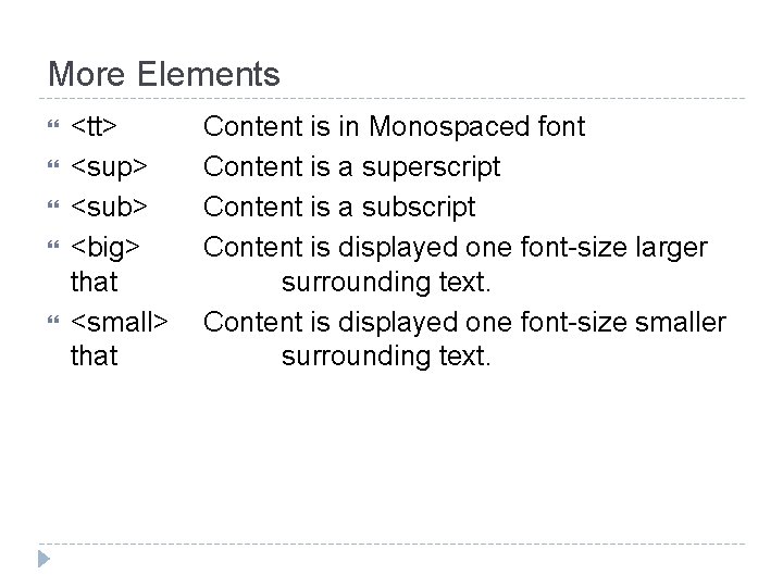 More Elements <tt> <sup> <sub> <big> that <small> that Content is in Monospaced font
