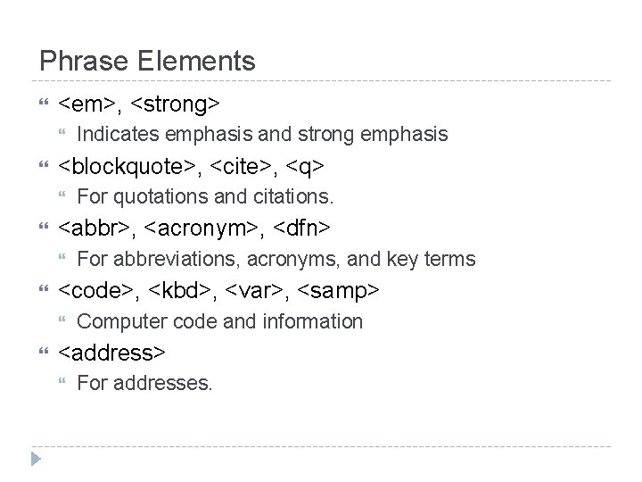 Phrase Elements <em>, <strong> <blockquote>, <cite>, <q> For abbreviations, acronyms, and key terms <code>,